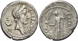 C. Iulius Caesar and L. Aemilius Buca. Plated denarius 44, AR 3.07 g. CAESAR·IM – P – M Wreathed head of Caesar r.; behind, crescent. Rev. L·AEMILIVS ...