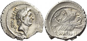 Sextus Pompeius and Q. Nasidius. Denarius, Sicily circa 42 to 38, AR 3.57 g. NEPTVNI Head of Cn. Pompeius Magnus r.; below head, dolphin and in r. fie...
