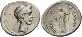 L. Flaminius Chilo. Denarius 41, AR 3.43 g. Laureate head of Caesar r. Rev. L·FLAMINIVS – III VIR Goddess standing l., holding caduceus and sceptre. B...