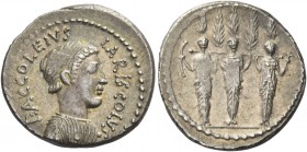 P. Accoleius Lariscolus. Denarius 41, AR 3.97 g. P.ACCOLEIVS – LARISCOLVS Draped bust of Diana Nemorensis r. Rev. Triple cult statue of Diana Nemorens...