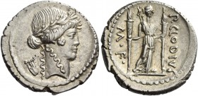 P. Clodius M. f. Turinus. Denarius 42, AR 3.87 g. Laureate head of Apollo r.; behind, lyre. Rev. P.CLODIVS – ·M·F Diana standing facing, with bow and ...