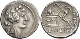 C. Vibius Varus. Denarius 42, AR 3.63 g. Head of Liber r., wearing ivy wreath. Rev. VARVS Panther l. springing up towards garlanded altar upon which r...