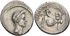 L. Mussidius T. f. Longus. Denarius 42, AR 3.92 g. Laureate head of Caesar r. Rev. L·MVSSIDIVS· LONGVS Rudder, cornucopiae on globe, caduceus and apex...