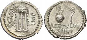 C. Cassius and Lentulus Spint. Denarius, mint moving with Brutus and Cassius 43-42, AR 3.88 g. C·CASSI – IMP Tripod with cortina, decorated with two l...