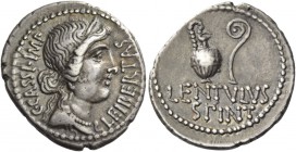 Denarius, mint moving with Brutus and Cassius 43-42, AR 3.46 g. C·CASSI·IMP – LEIBERTAS Diademed head of Libertas r. Rev. Jug and lituus; below, LENTV...