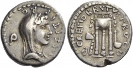 Q. Caepio Brutus and L. Sestius Pro. Q. Denarius, mint moving with Brutus 43-42, AR 3.79 g. L·SESTI P – RO – Q Veiled and draped bust Libertas r. Rev....