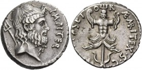 Sextus Pompeius. Denarius, Sicily 37-36, AR 4.00 g. [MAG PIVS] IMP ITER Head of Neptune r., hair tied with band with trident over shoulder. Rev. [PRÆF...