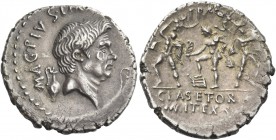 Denarius, Sicily 37-36, AR 3.92 g. MAG·PIVS·I[MP·ITER] Head of Cn. Pompeius Magnus r.; behind, jug and before, lituus. Rev. PRÆF Neptune standing l., ...