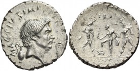 Denarius, Sicily 37-36, AR 3.80 g. MAG·PIVS·IMP·ITER Head of Cn. Pompeius Magnus r.; behind jug and before, lituus. Rev. [PRÆF] Neptune standing l., f...