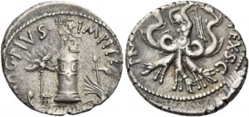 Denarius, Sicily 37-36, AR 3.80 g. [M]AG·PIVS – IMP ITER Galley with aquila on prow and sceptre tied with fillet on stern; in the background, pharus o...
