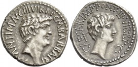 Marcus Antonius and C. Caesar Octavianus with M. Barbatius. Denarius, mint moving with M. Antony 41, AR 3.78g. M·ANT·IMP·AVG·III·VIR·R·P·C·M BARBAT ·Q...
