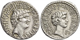 Denarius, mint moving with M. Antony 41, AR 3.83 g. M·ANT·IMP·AVG·III·VIR·R·P·C·M BARBAT ·Q·P Head of M. Antonius r. Rev. CAESAR IMP PONT·III·VIR·R·P·...