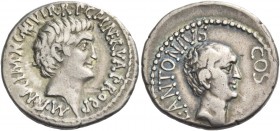 Marcus Antonius, Lucius Antonius with L. Cocceius Nerva. Denarius, mint moving with Marcus Antonius 41, AR 4.03 g. M·ANT·IMP·AVG III VIR·R·P·C·M NERVA...