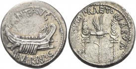Marcus Antonius. Denarius, mint moving with M. Antonius 32-31, AR 3.58 g. ANT·AVG – III·VIR·R·P·C Galley r., with sceptre tied with fillet on prow. Re...