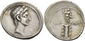 Octavaian, 32 – 27 BC. Denarius, Brundisium or Roma circa 29-27 BC, AR 3.75 g. Laureate head of Octavian as Apollo r. Rev. Cloaked figure (Octavian ?)...