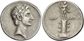 Octavaian, 32 – 27 BC. Denarius, Brundisium or Roma circa 29-27 BC, AR 3.58 g. Laureate head of Octavian as Apollo r. Rev. Cloaked figure (Octavian ?)...