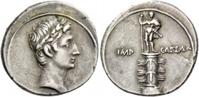 Octavaian, 32 – 27 BC. Denarius, Brundisium or Roma circa 29-27 BC, AR 3.79 g. Laureate head of Octavian as Apollo r. Rev. Cloaked figure (Octavian ?)...