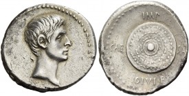 Octavian as Augustus, 27 BC – 14 AD. Denarius, uncertain mint (in Spain ?) 27 BC, AR 3.75 g. Bare head r. Rev. CAE – SAR Legend around shield; above, ...