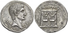 Octavian as Augustus, 27 BC – 14 AD. Cistophoric tetradrachm, Ephesus circa 24-20 BC, AR 11.55 g. Bare head r. Rev. Garlanded altar decorated with two...
