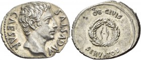 Octavian as Augustus, 27 BC – 14 AD. Denarius, Colonia Patricia (?) circa 19 BC, AR 3.79 g. Bare head r. Rev. Oak wreath with two ties at centre. C 21...