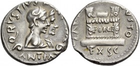 Octavian as Augustus, 27 BC – 14 AD. Q. Rustius. Denarius circa 19 BC, AR 3.97 g. Jugate busts of Fortuna Victrix and Fortuna Felix r. Rev. Ornamented...