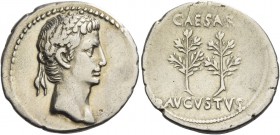 Octavian as Augustus, 27 BC – 14 AD. Denarius, Caesaraugusta (?) circa 19-18 BC, AR 3.69 g. Oak-wreathed head r. Rev. Two laurel branches. C 47. RIC 3...