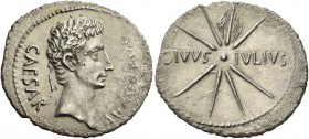 Octavian as Augustus, 27 BC – 14 AD. Denarius, Caesaraugusta circa 19-18 BC, AR 3.65 g. Oak-wreathed head r. Rev. Eight-rayed comet with tail pointing...
