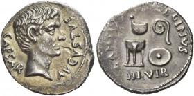 Octavian as Augustus, 27 BC – 14 AD. C. Antistius Reginus. Denarius 13 BC, AR 3.12 g. Bare head r. Rev. Sacrificial implements: simpulum, lituus, trip...
