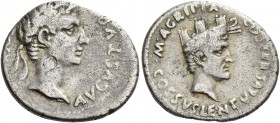 Octavian as Augustus, 27 BC – 14 AD. Cossus Cornelius Lentulus. Denarius 12 BC, AR 3.57 g. Oak-wreathed head of Augustus r. Rev. Head of Agrippa r., w...