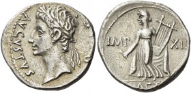Octavian as Augustus, 27 BC – 14 AD. Denarius, Lugdunum 11-10 BC, AR 3.71 g. Laureate head l. Rev. Apollo Citharedus, in long drapery, standing r., ho...