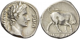 Octavian as Augustus, 27 BC – 14 AD. Denarius, Lugdunum circa 11-10 BC, AR 3.81 g. Laureate head r. Rev. Bull butting r. C 155. RIC 187a. Very fine
