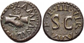 Octavian as Augustus, 27 BC – 14 AD. Lamia, Silius, and Annius. Quadrans 9 BC, Æ 3.89 g. Two clasped r. hands holding caduceus. Rev. III·VIR·A·A·A·F·F...