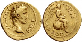 Octavian as Augustus, 27 BC – 14 AD. Quinarius, Lugdunum 7-6 BC, AV 3.72 g. Laureate head r. Rev. Victory seated r. on globe. C 314. RIC 203. King 13....