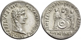 Octavian as Augustus, 27 BC – 14 AD. Denarius, Lugdunum 2 BC-14 AD, AV 3.75 g. Laureate head r. Rev. Caius and Lucius standing facing and resting hand...