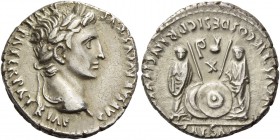 Octavian as Augustus, 27 BC – 14 AD. Denarius, Lugdunum circa 2 BC - 4 AD, AR 3.56 g. Laureate head r. Rev. Caius and Lucius standing facing, each tog...