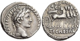 Octavian as Augustus, 27 BC – 14 AD. Denarius, Lugdunum circa 13-14, AR 3.82 g. Laureate head r. Rev. Tiberius in triumphal quadriga r., holding laure...