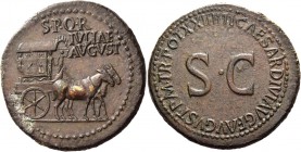 In the name of Livia, wife of Augustus. Sestertius circa 22-23 AD, Æ 25.00 g. Carpentum with ornamented sides drawn r. by two mules. Rev. Legend aroun...