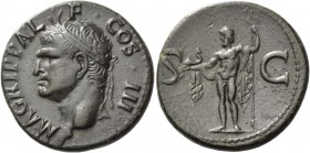 In the name of Agrippa. As after 37, Æ 12.48 g. Head l., wearing rostral crown. Rev. Neptune, cloaked, standing l. holding small dolphin and trident. ...