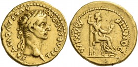 Tiberius, 14 – 37. Aureus, Lugdunum 14-37, AV 7.77 g. Laureate head r. Rev. Pax-Livia figure seated r. on chair with ornamented legs, holding long ver...