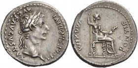Tiberius, 14 – 37. Denarius, Lugdunum 14-37, AR 3.76 g. Laureate head r. Rev. Pax-Livia figure seated r., holding sceptre in r. hand and branch in l. ...