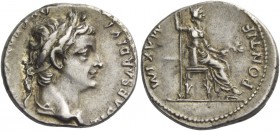 Tiberius, 14 – 37. Denarius, Lugdunum 14-37, AR 3.71 g. Laureate head r. Rev. Draped female figure (Livia as Pax) seated r. on chair with ornamented l...