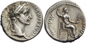 Tiberius, 14 – 37. Denarius, Lugdunum 14-37, AR 3.82 g. Laureate head r. Rev. Pax-Livia figure seated r., holding sceptre in r. hand and branch in l. ...