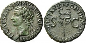 Tiberius, 14 – 37. As, 14-37, Æ 11.35 g. Laureate head l. Rev. Winged caduceus flanked by S – C. C 21. RIC 53. Wonderful green patina somewhat smoothe...