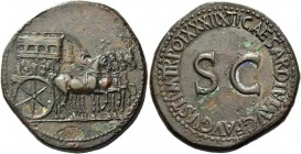 Tiberius, 14 – 37. Sestertius 36-37, Æ 27.50 g. Carpentum driven r. by four horses. Rev. Legend around S C. C 67. RIC 66. Rare. Struck on a very broad...