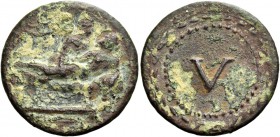 Tiberius, 14 – 37. Tesserae, time of Tiberius. Spintria early 1st century AD, Æ 4.81 g. Erotic scene. Rev. V within wreath. Buttrey NC 1973, B7/V. Sim...