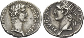 In the name of Germanicus, father of Gaius. Drachm, Caesarea Cappadociae 37-38, AR 3.81 g. Bare head of Germanicus r. Rev. Radiate head of Augustus l....