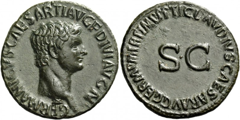 In the name of Germanicus, father of Gaius. As circa 50-54, Æ 10.60 g. Bare head...