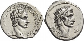 Gaius, 37 – 41. Denarius, Lugdunum 37-38, AR 3.76 g. Bare head of Gaius r. Rev. Radiate head of Augustus or Tiberius r. between two stars. C 11. BMC 4...