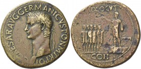 Gaius, 37 – 41. Sestertius circa 37-38, Æ 25.24 g. Laureate head l. Rev. Gaius, bare-headed and togate, standing l. on platform before low stool, hara...