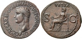 Gaius, 37 – 41. As 37-38, Æ 9.46 g. Bare head l. Rev. Vesta, diademed and veiled, seated l. on throne, holding patera and sceptre. C 27. RIC 38. A won...